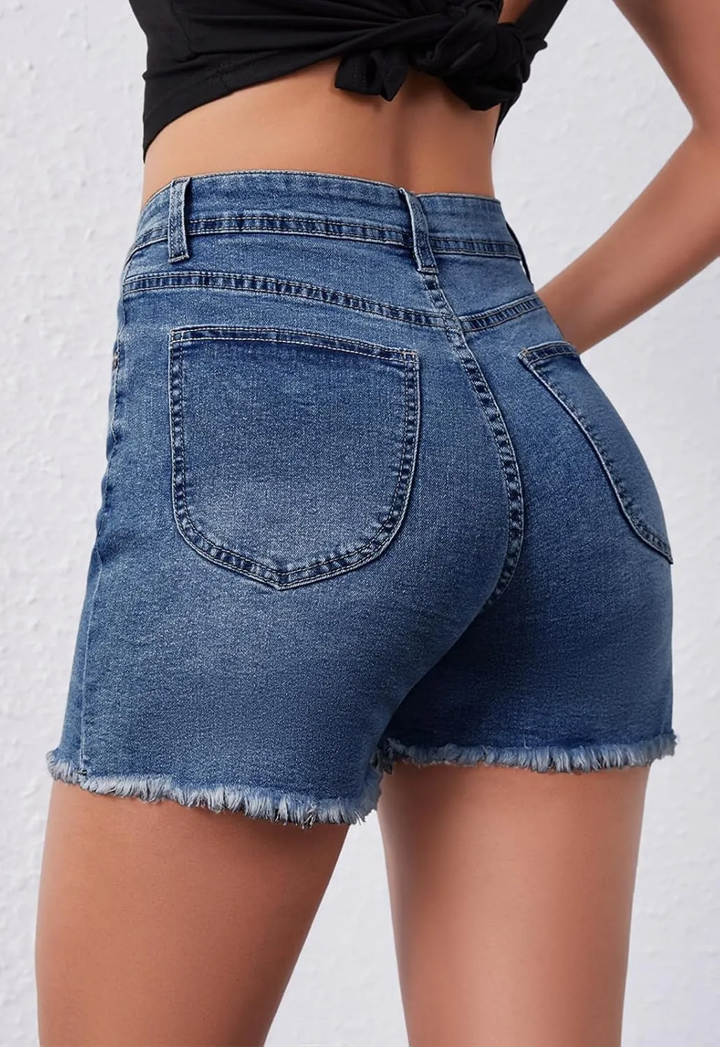 Casual Jean Shorts for Women High Rise Frayed Raw Hem Stretchy Denim Shorts with Pockets