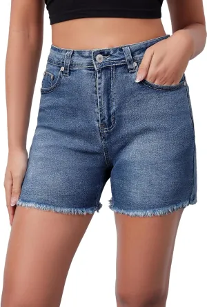Casual Jean Shorts for Women High Rise Frayed Raw Hem Stretchy Denim Shorts with Pockets