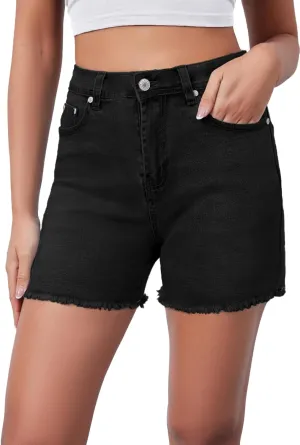 Casual Jean Shorts for Women High Rise Frayed Raw Hem Stretchy Denim Shorts with Pockets