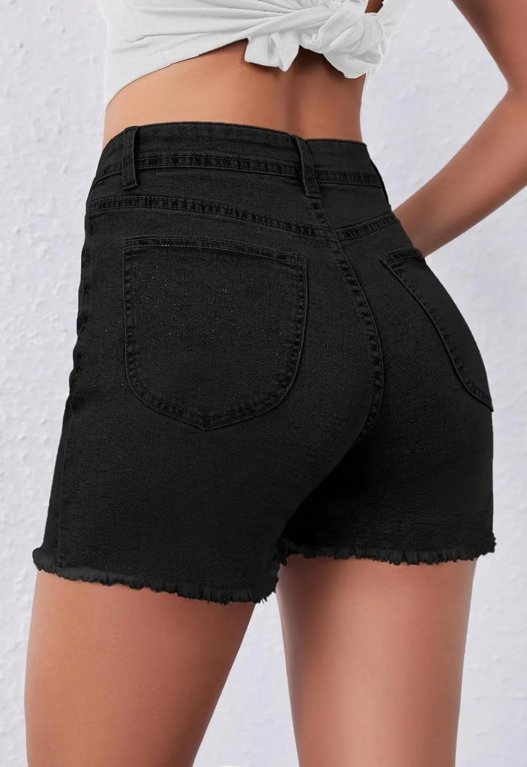 Casual Jean Shorts for Women High Rise Frayed Raw Hem Stretchy Denim Shorts with Pockets