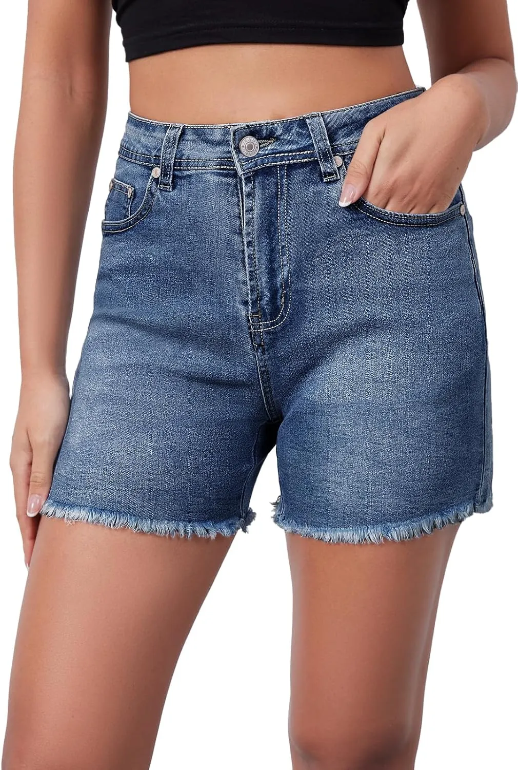 Casual Jean Shorts for Women High Rise Frayed Raw Hem Stretchy Denim Shorts with Pockets