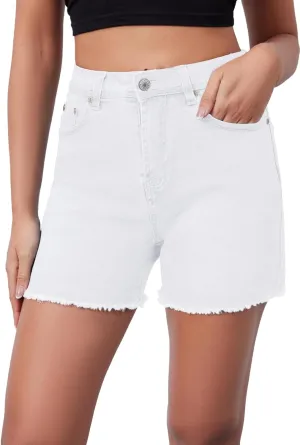 Casual Jean Shorts for Women High Rise Frayed Raw Hem Stretchy Denim Shorts with Pockets