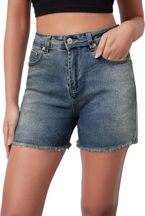 Casual Jean Shorts for Women High Rise Frayed Raw Hem Stretchy Denim Shorts with Pockets