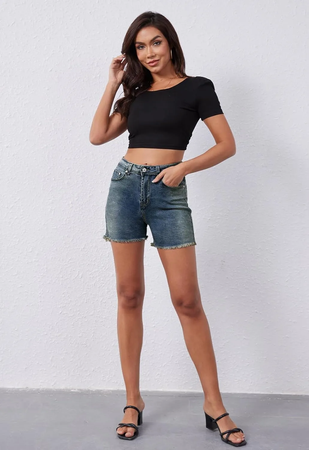 Casual Jean Shorts for Women High Rise Frayed Raw Hem Stretchy Denim Shorts with Pockets