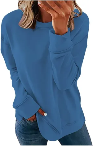 Ceboyel Womens Long Sleeve Shirts 2023 Solid Color Crew Neck Sweatshirts Loose Fit Pullover Tops Trendy Casual Fall Clothes