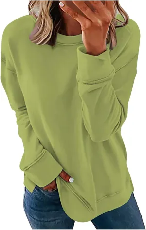 Ceboyel Womens Long Sleeve Shirts 2023 Solid Color Crew Neck Sweatshirts Loose Fit Pullover Tops Trendy Casual Fall Clothes