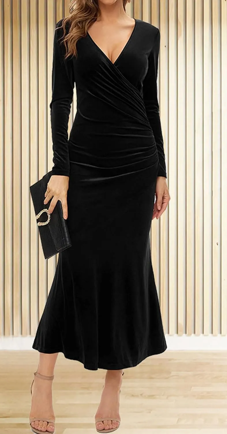 CHARTOU Women Bodycon Maxi Velvet Dress Long Sleeve Formal Dress Cocktail Wedding Quest Dress Wrap Evening Gown