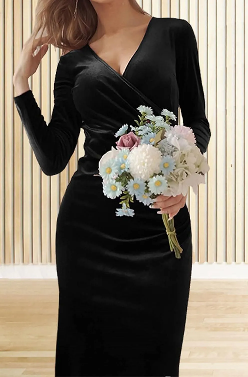 CHARTOU Women Bodycon Maxi Velvet Dress Long Sleeve Formal Dress Cocktail Wedding Quest Dress Wrap Evening Gown