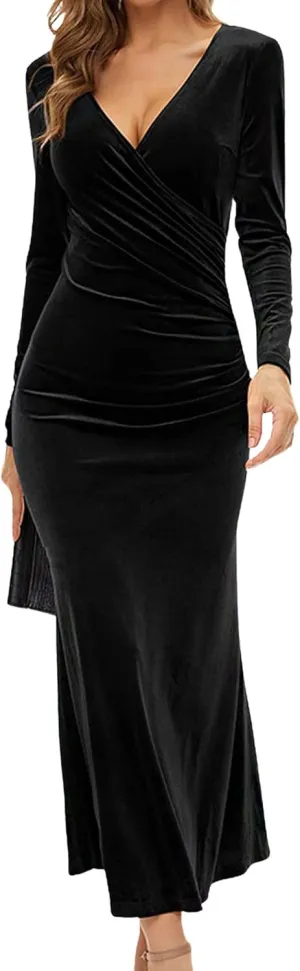CHARTOU Women Bodycon Maxi Velvet Dress Long Sleeve Formal Dress Cocktail Wedding Quest Dress Wrap Evening Gown