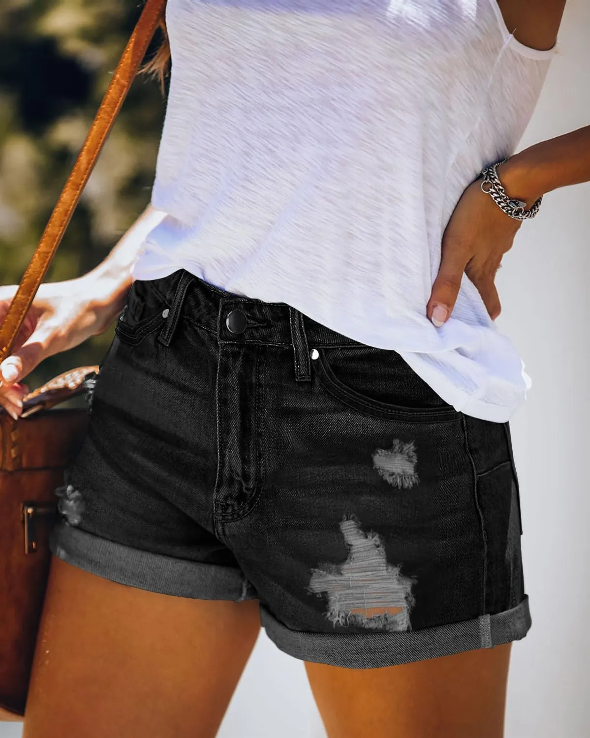 CHICZONE Womens Mid-High Rise Ripped Jean Shorts Distressed Stretchy Denim Shorts