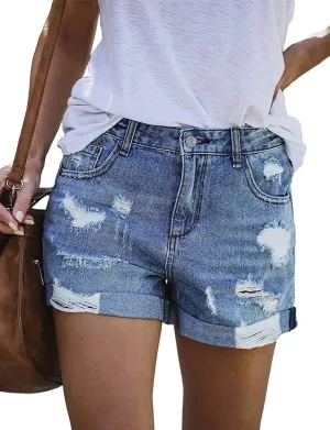 CHICZONE Womens Mid-High Rise Ripped Jean Shorts Distressed Stretchy Denim Shorts