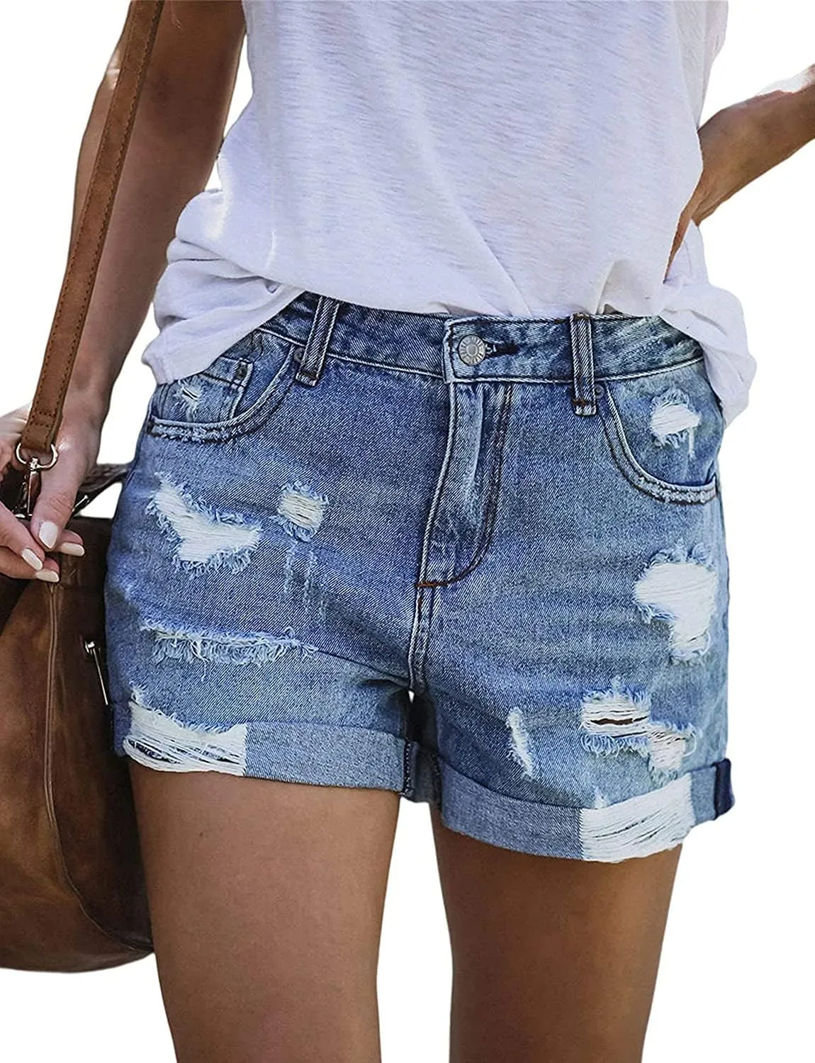 CHICZONE Womens Mid-High Rise Ripped Jean Shorts Distressed Stretchy Denim Shorts