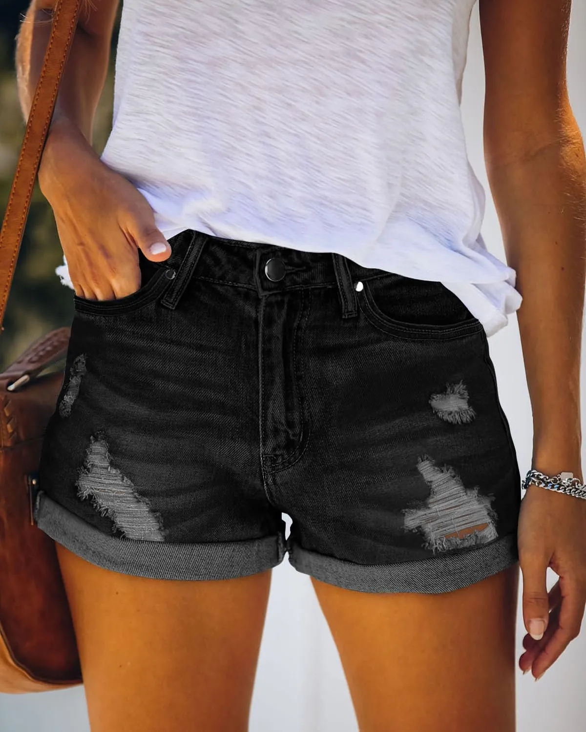 CHICZONE Womens Mid-High Rise Ripped Jean Shorts Distressed Stretchy Denim Shorts