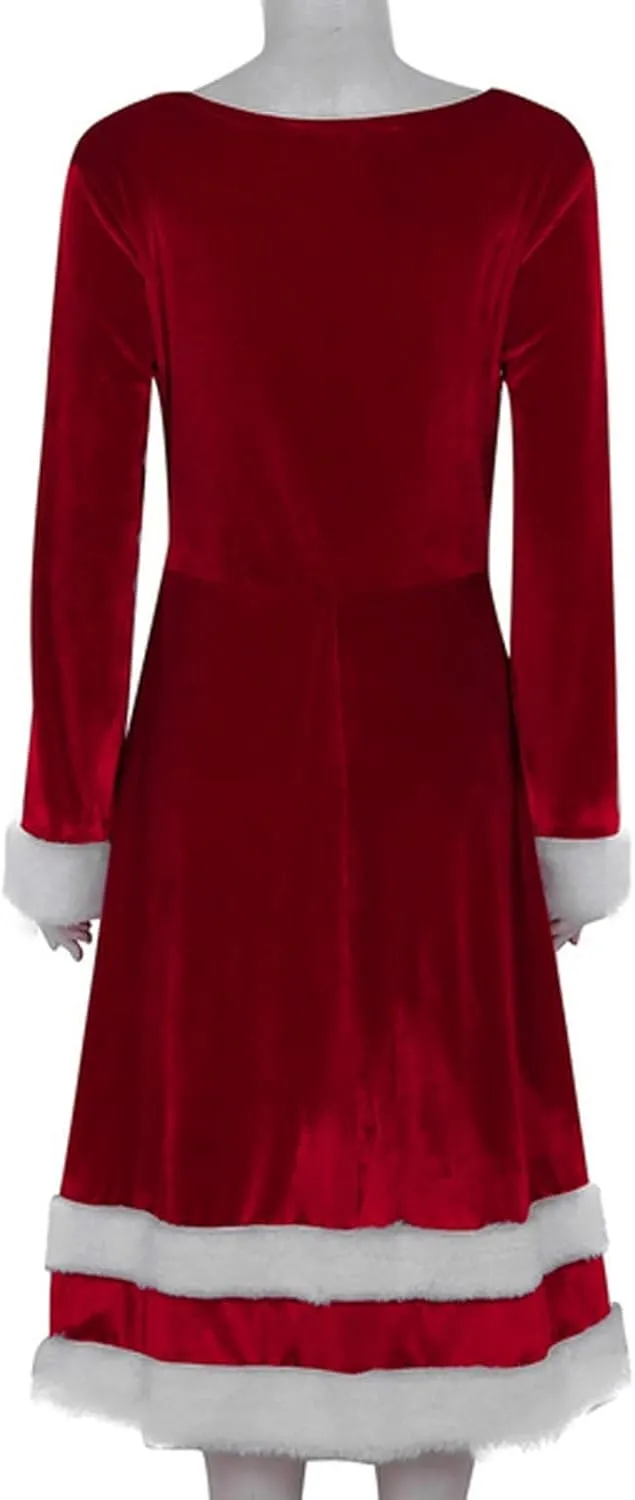 Christmas Dresses for Women Fancy Sweet Oversized Soft Patchwork Bandage Long Sleeve Asymmetric O-Neck Dress