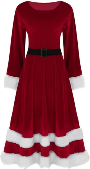 Christmas Dresses for Women Fancy Sweet Oversized Soft Patchwork Bandage Long Sleeve Asymmetric O-Neck Dress