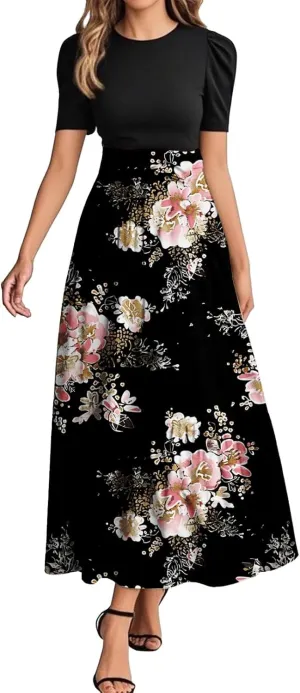 Colorful Dresses for Women Plus Size Floral Patchwork Ruffle Hem Wrap Maxi Dress Trendy Outfit
