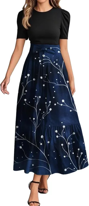 Colorful Dresses for Women Plus Size Floral Patchwork Ruffle Hem Wrap Maxi Dress Trendy Outfit
