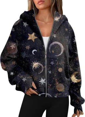 COTECRAM Womens Full Zip Up Hoodie Long Sleeve Oversized Graphic Sweatshirt Fall Jacket with Pockets Fashion Clothes 2024
