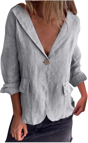 Cotton Linen Blazer for Womens Casual Long Sleeve Button Front Lapel Jackets Loose Lightweight Suit Jackets Blazer