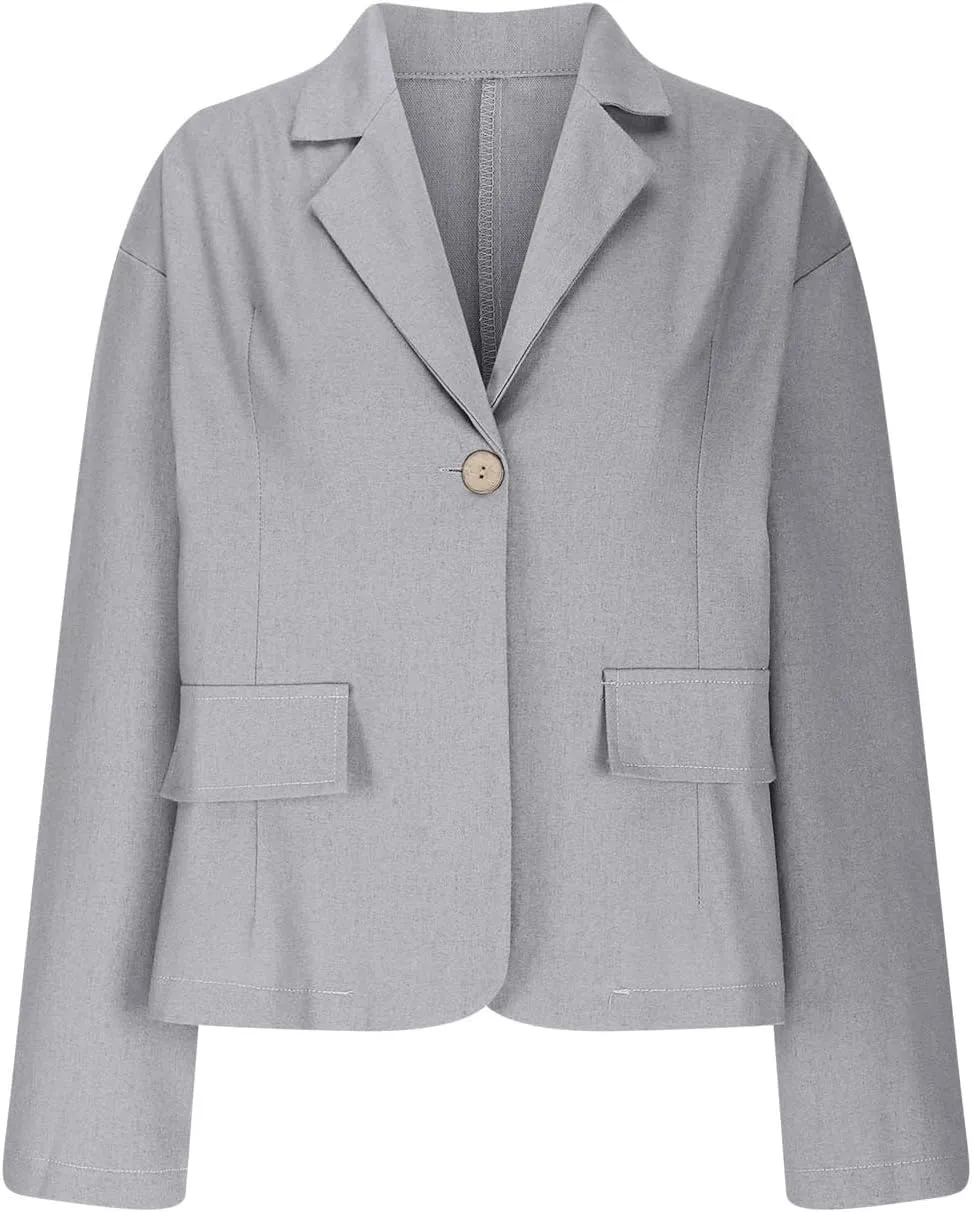 Cotton Linen Blazer for Womens Casual Long Sleeve Button Front Lapel Jackets Loose Lightweight Suit Jackets Blazer