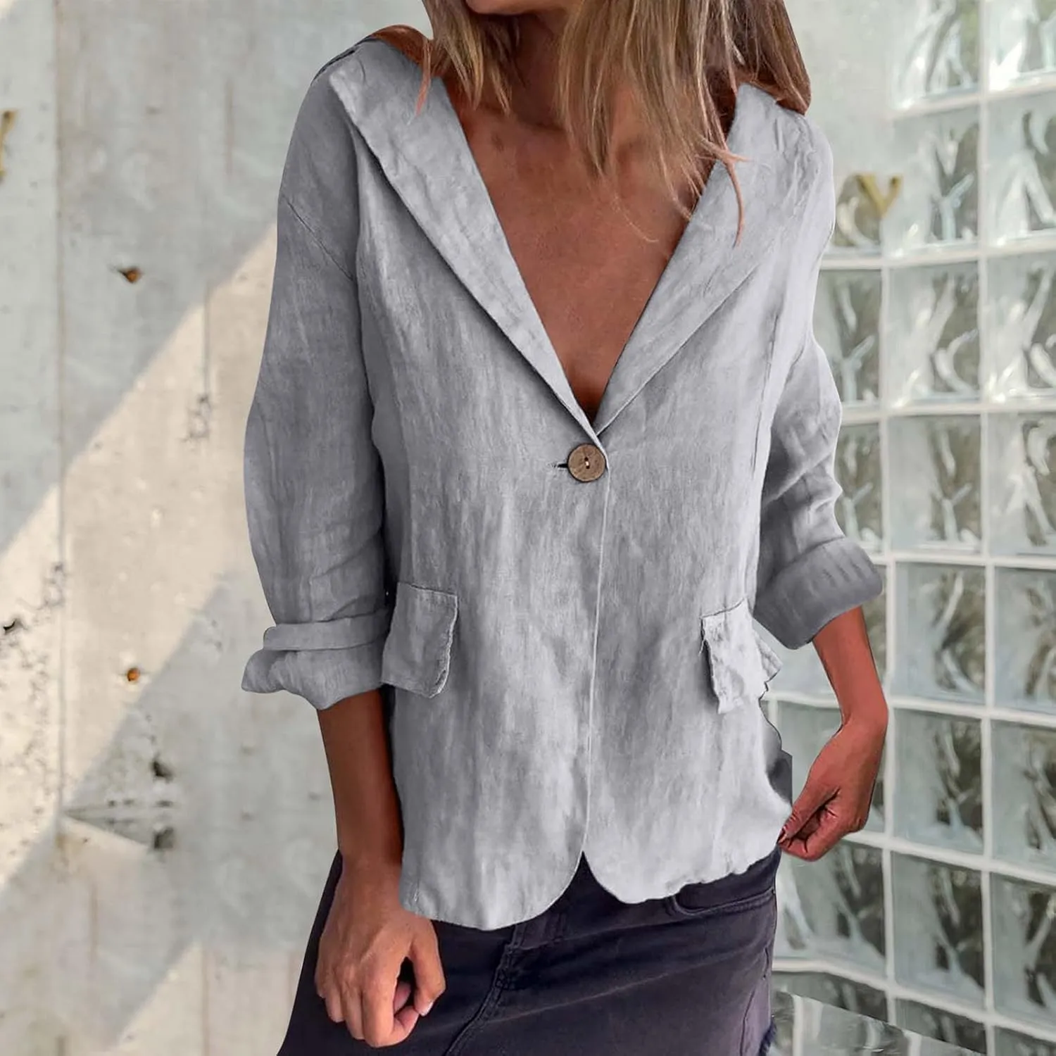 Cotton Linen Blazer for Womens Casual Long Sleeve Button Front Lapel Jackets Loose Lightweight Suit Jackets Blazer
