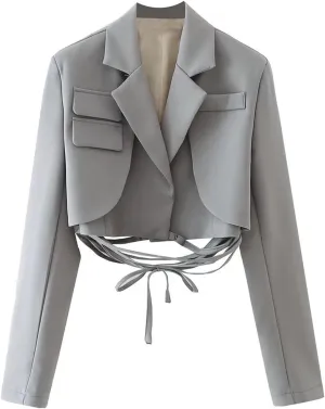 Cropped Blazer for Women Wrap Tie Long Sleeve Casual Suit Jacket Trendy Fashion Lightweight Fall Blazer for Women