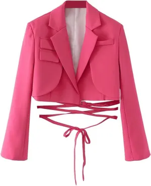 Cropped Blazer for Women Wrap Tie Long Sleeve Casual Suit Jacket Trendy Fashion Lightweight Fall Blazer for Women