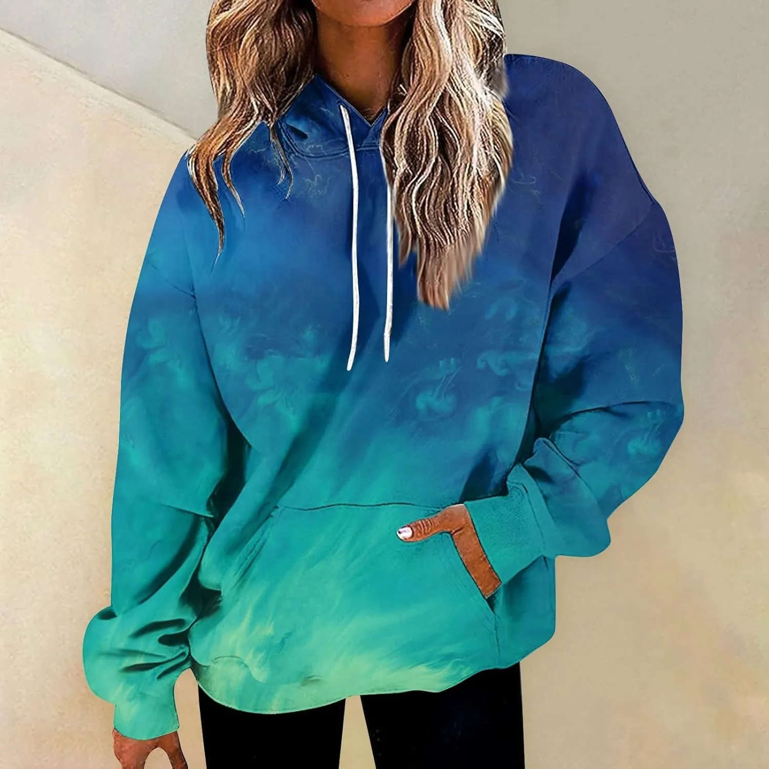 Cute Hoodies For Women Long Sleeve Sweatshirts Tie Dye Patchwork Hoodies Pullover Drop Shoulder Fall Tops With Pocket