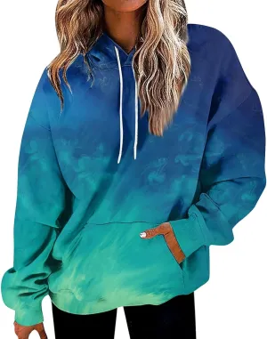 Cute Hoodies For Women Long Sleeve Sweatshirts Tie Dye Patchwork Hoodies Pullover Drop Shoulder Fall Tops With Pocket