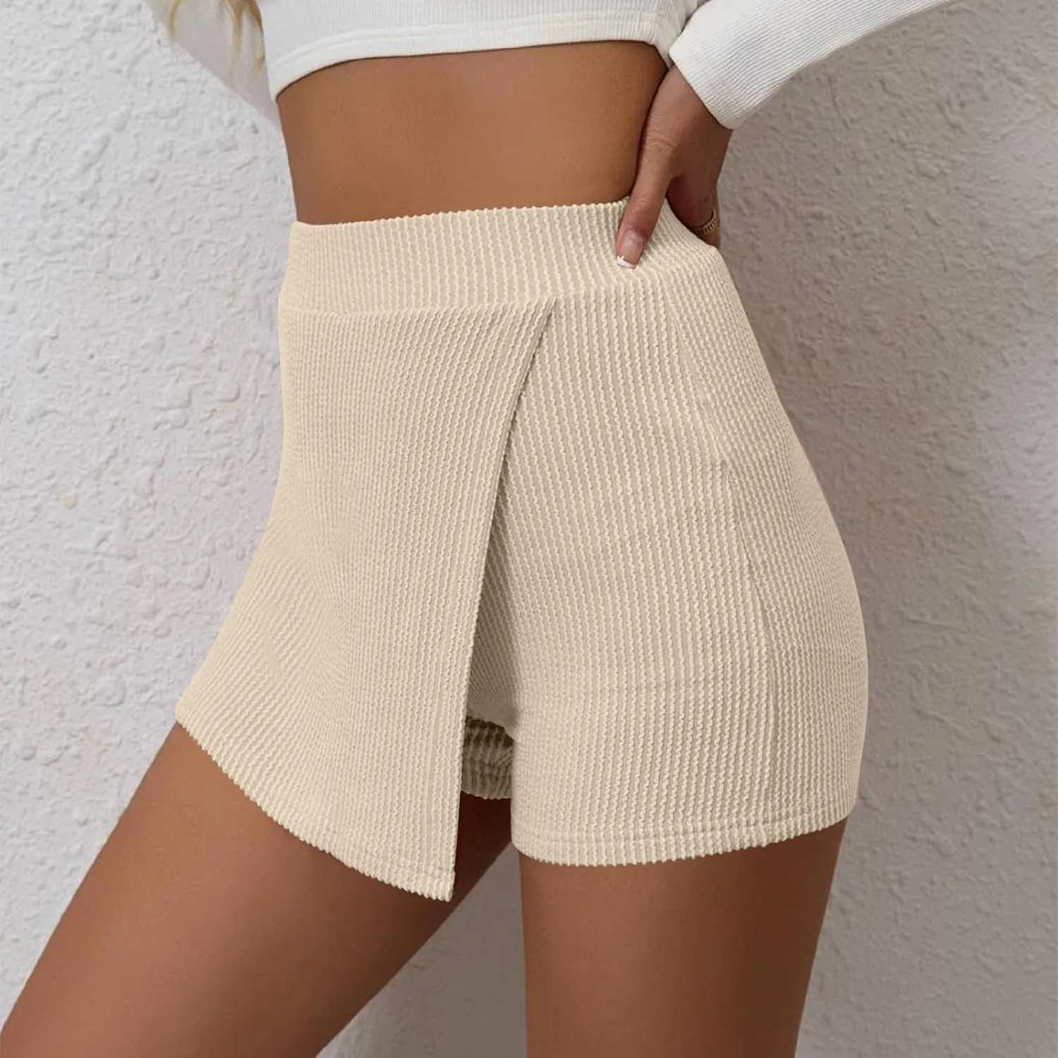 DDAPJ pyju Women's Summer Wrap Skort Textured High Waisted Skirt Elastic Waist Pull On Shorts Dressy Mini Skirt Inner Shorts