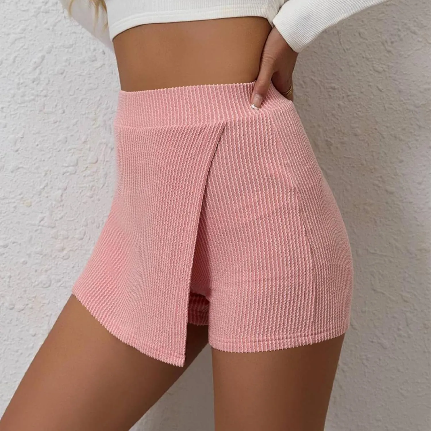 DDAPJ pyju Women's Summer Wrap Skort Textured High Waisted Skirt Elastic Waist Pull On Shorts Dressy Mini Skirt Inner Shorts