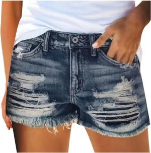 Denim Shorts for Teen Girls Cute High Waist Stretch Vintage Short Jeans Solid Raw Hem Slim Shorts