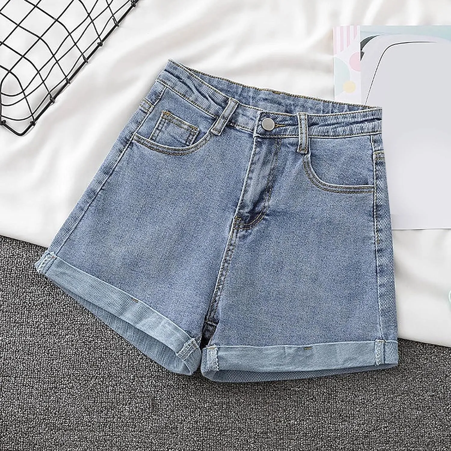 Denim Shorts Women High Waisted Y2K Rolled Hem Distressed Jean Short Stretchy Casual Trendy Shorts with Pockets