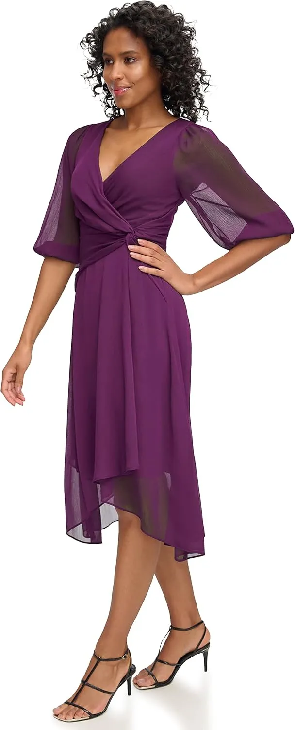 DKNY womens Chiffon 3/4 Sleeve Faux Wrap Dress