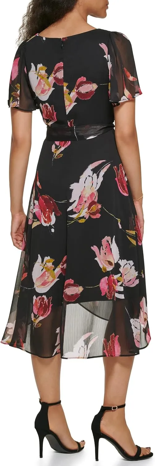 DKNY womens Flutter Sleeve Side Ruched Faux Wrap Dress