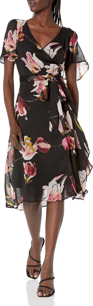 DKNY womens Flutter Sleeve Side Ruched Faux Wrap Dress
