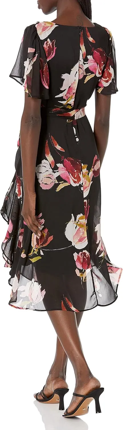 DKNY womens Flutter Sleeve Side Ruched Faux Wrap Dress