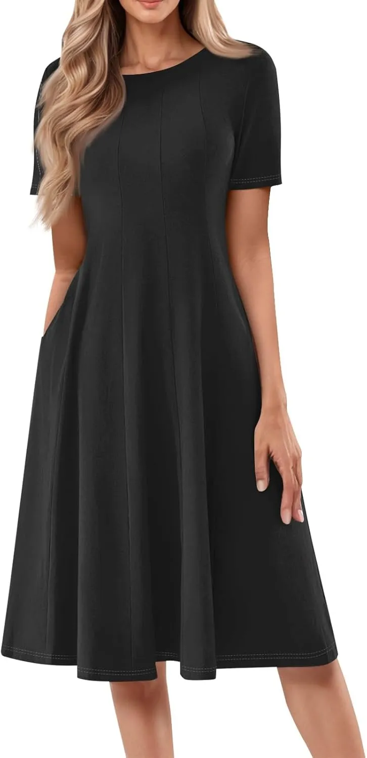 Dress for Women Summer Short Sleeve Wrap Dress Empire Waist Flower Dresses Round Neck Boho Midi Dresses with Pockets