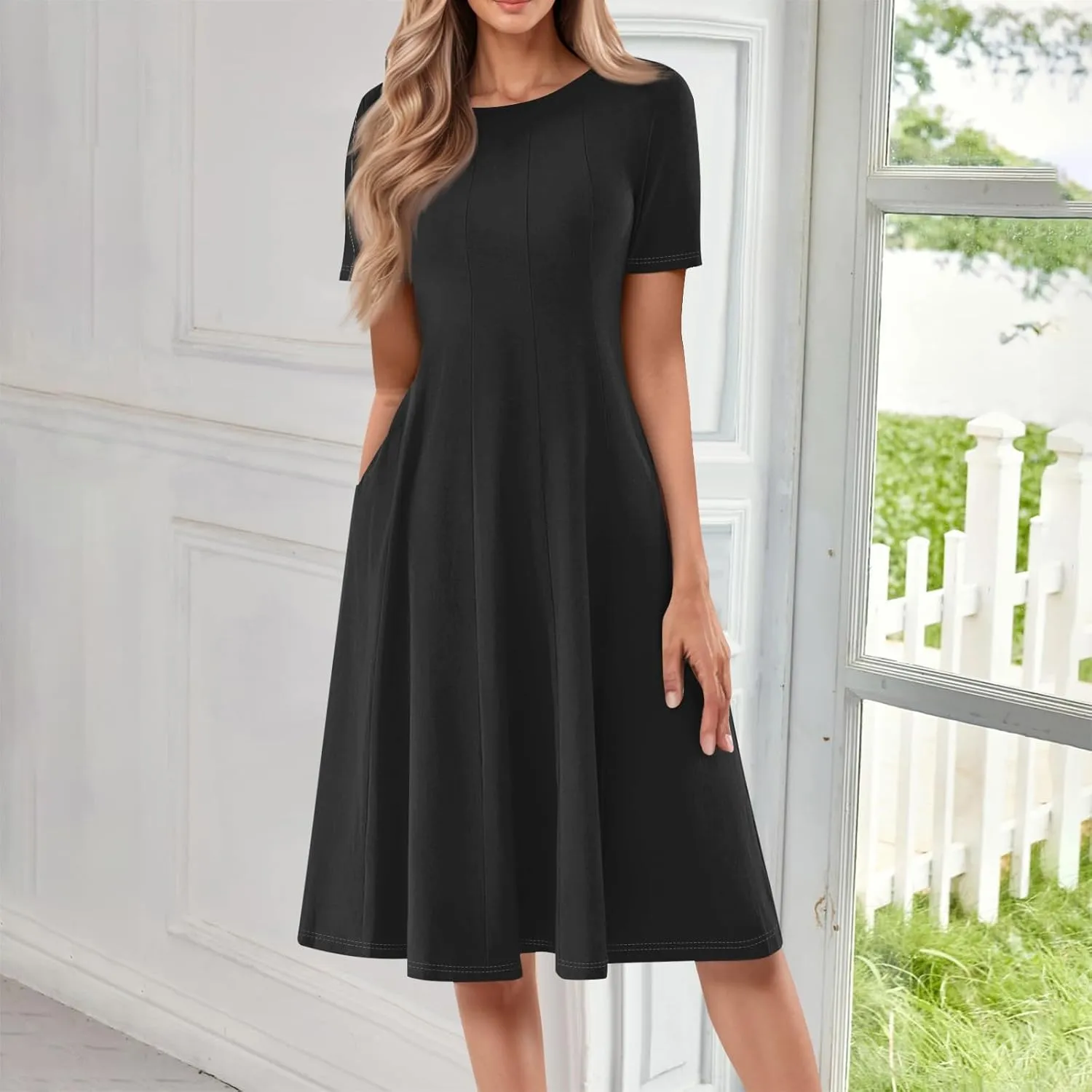 Dress for Women Summer Short Sleeve Wrap Dress Empire Waist Flower Dresses Round Neck Boho Midi Dresses with Pockets