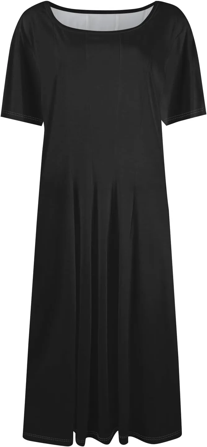 Dress for Women Summer Short Sleeve Wrap Dress Empire Waist Flower Dresses Round Neck Boho Midi Dresses with Pockets