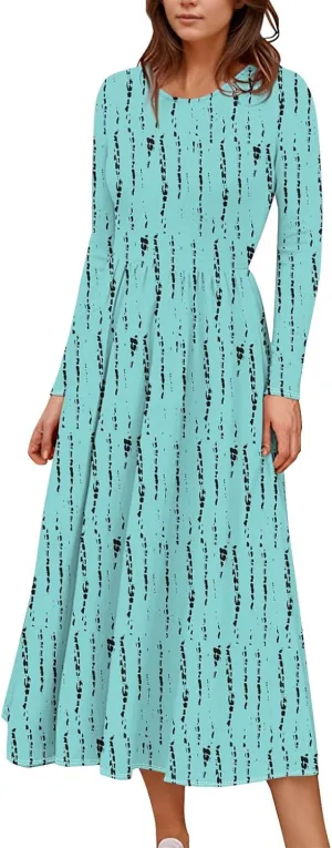 Dresses for Women 2025 Spring Long Sleeve Midi O Neck Modest Ladies Elegant Casual Cruise Dressy Dress