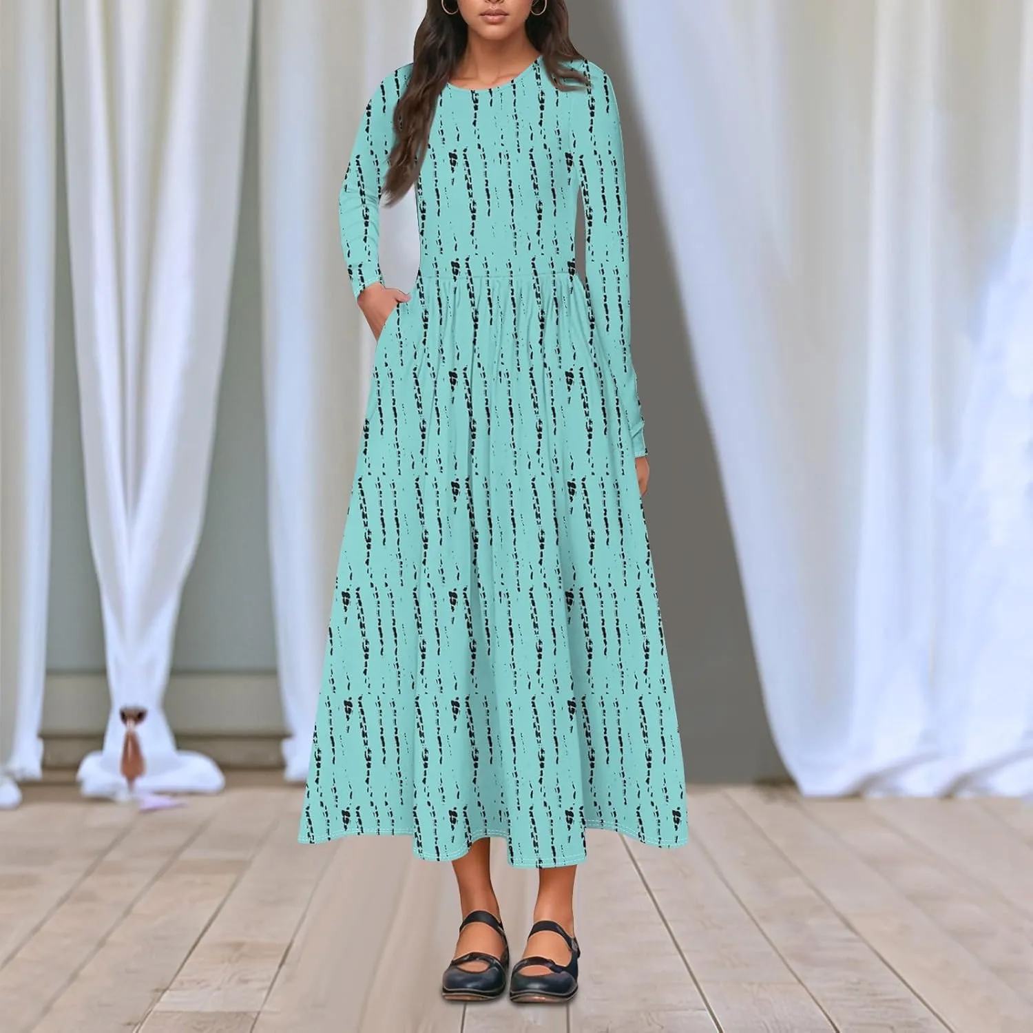 Dresses for Women 2025 Spring Long Sleeve Midi O Neck Modest Ladies Elegant Casual Cruise Dressy Dress