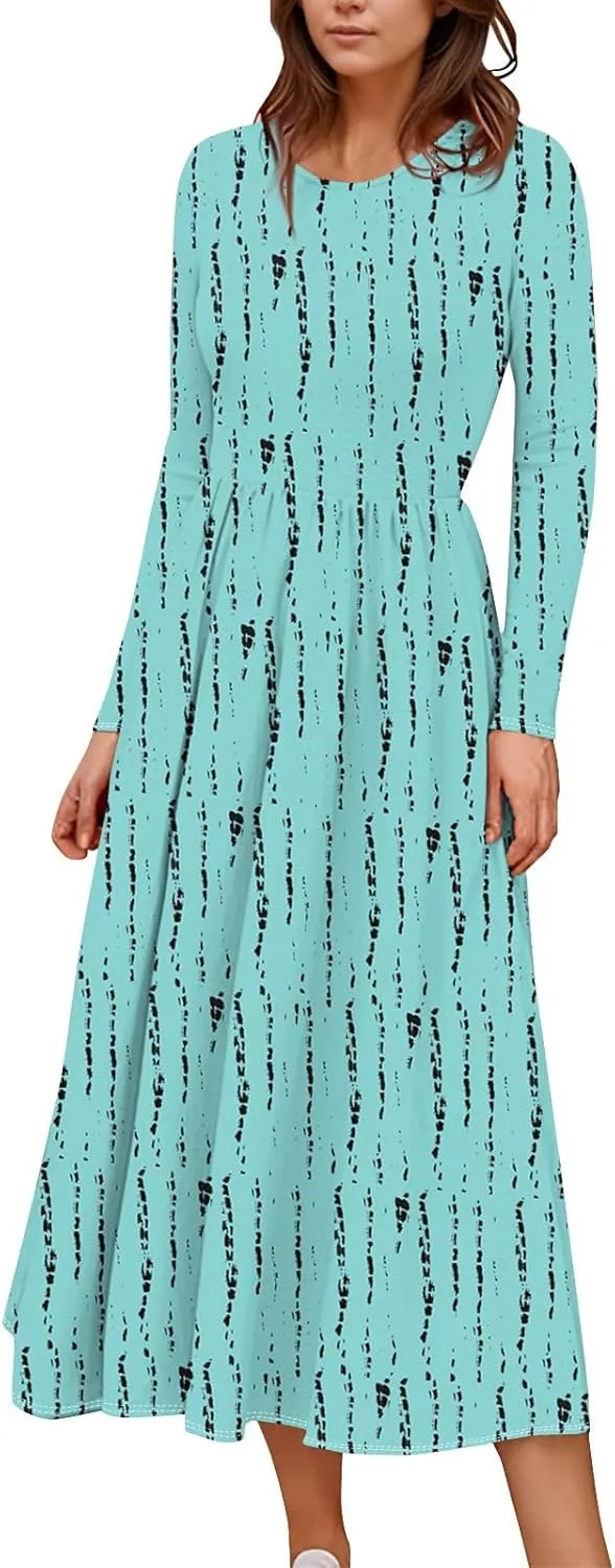 Dresses for Women 2025 Spring Long Sleeve Midi O Neck Modest Ladies Elegant Casual Cruise Dressy Dress