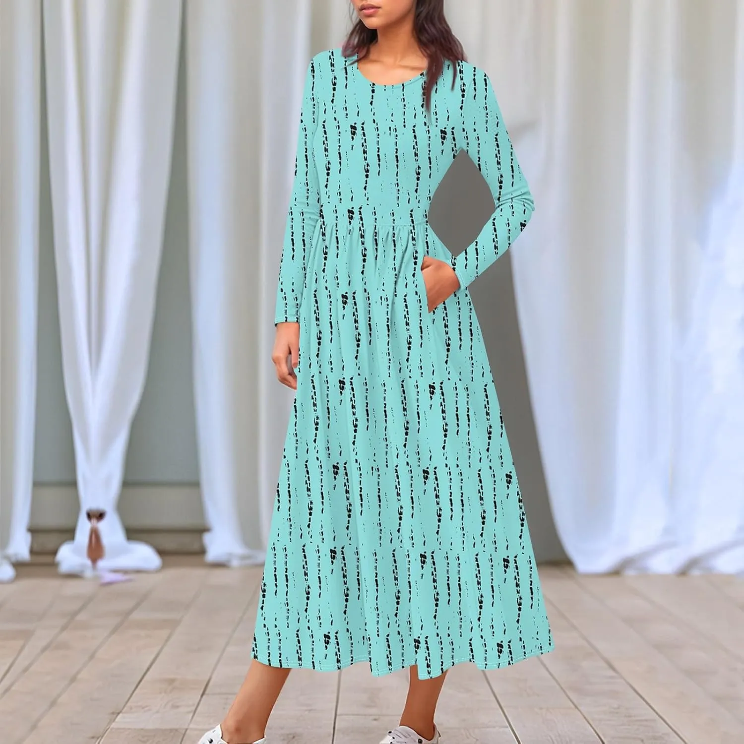 Dresses for Women 2025 Spring Long Sleeve Midi O Neck Modest Ladies Elegant Casual Cruise Dressy Dress