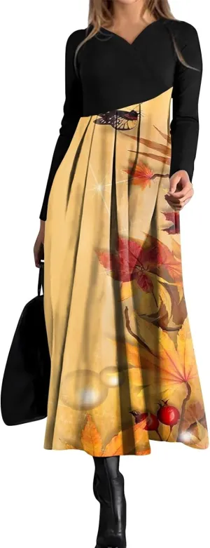 Dresses for Women 2025 Spring V Neck Long Sleeve Midi Elegant Vacation Cute Ladies Fashion Office Dress