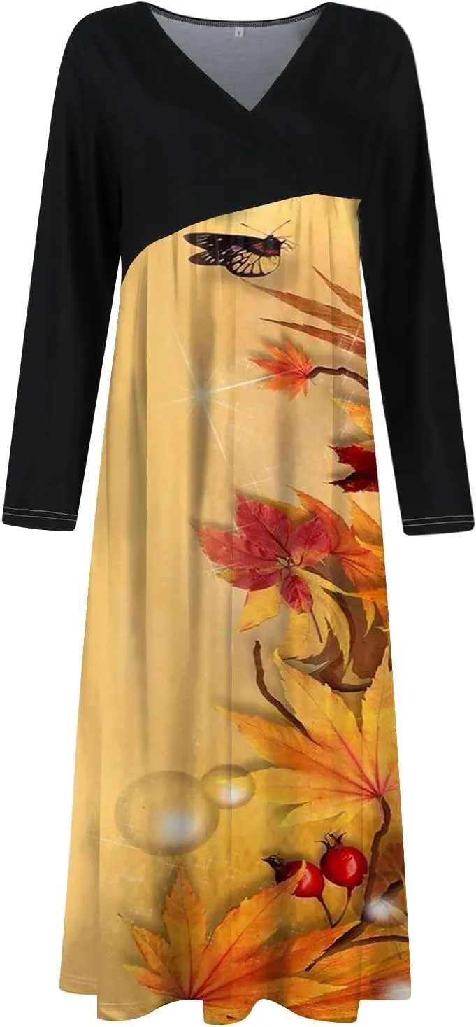 Dresses for Women 2025 Spring V Neck Long Sleeve Midi Elegant Vacation Cute Ladies Fashion Office Dress