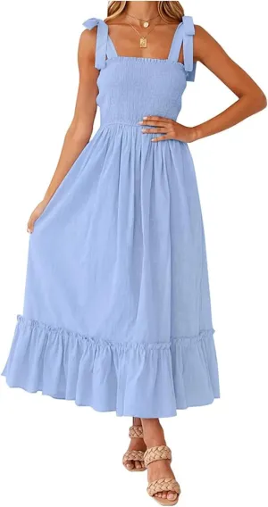 Dresses for Women 2025 Summer Boho Sleeveless Square Neck Ruffle Flowy Swing Dress A Line Beach Maxi Dress Sundress