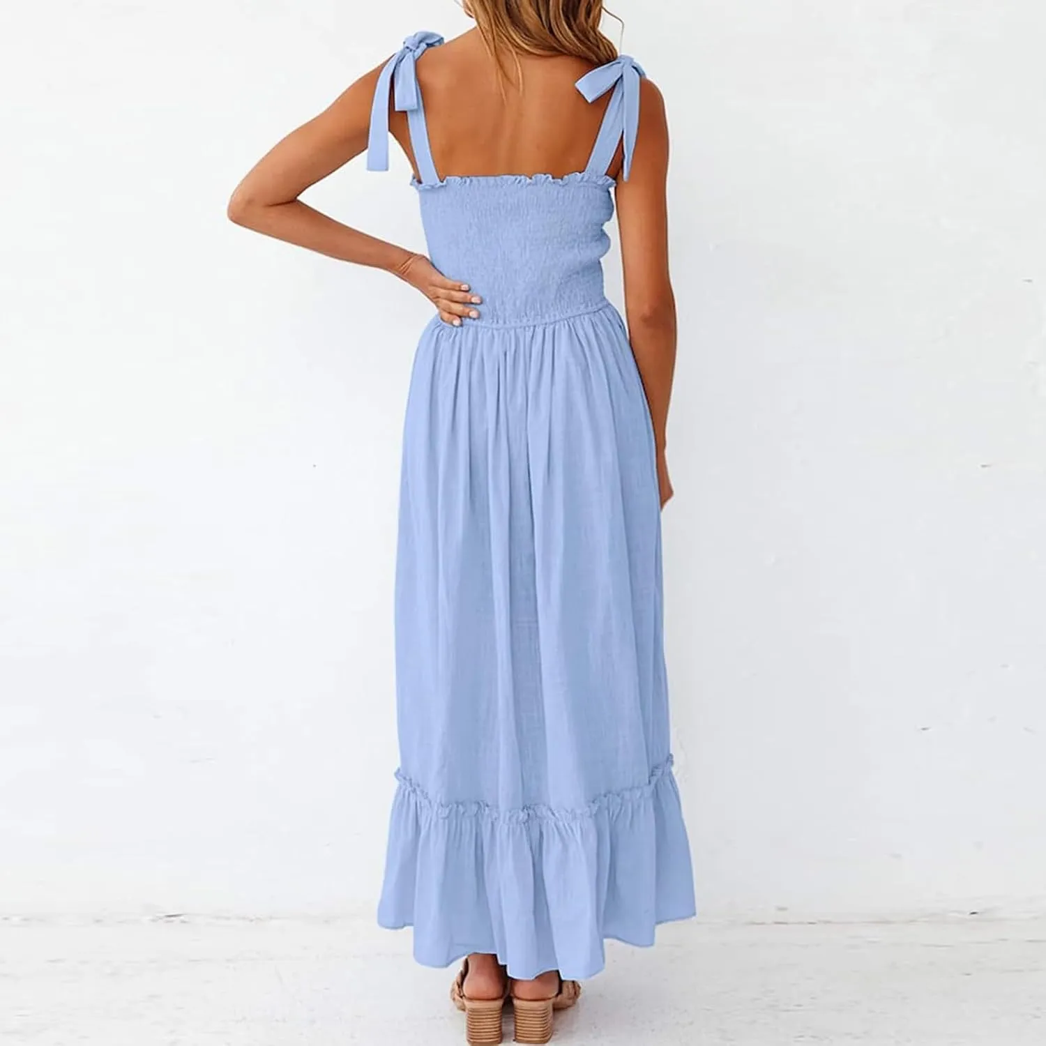 Dresses for Women 2025 Summer Boho Sleeveless Square Neck Ruffle Flowy Swing Dress A Line Beach Maxi Dress Sundress