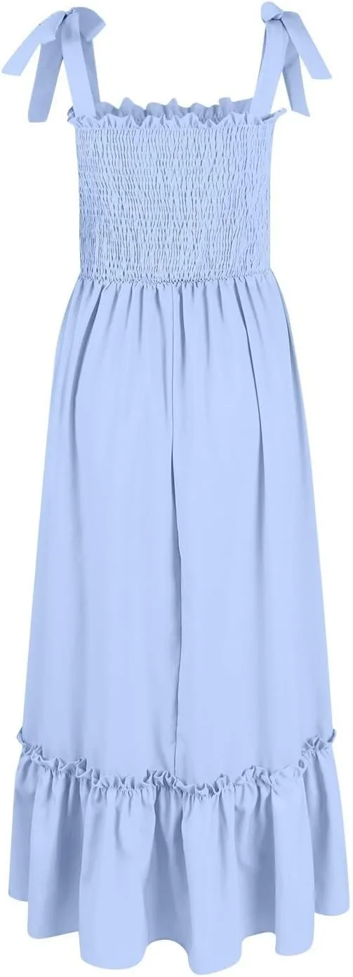 Dresses for Women 2025 Summer Boho Sleeveless Square Neck Ruffle Flowy Swing Dress A Line Beach Maxi Dress Sundress
