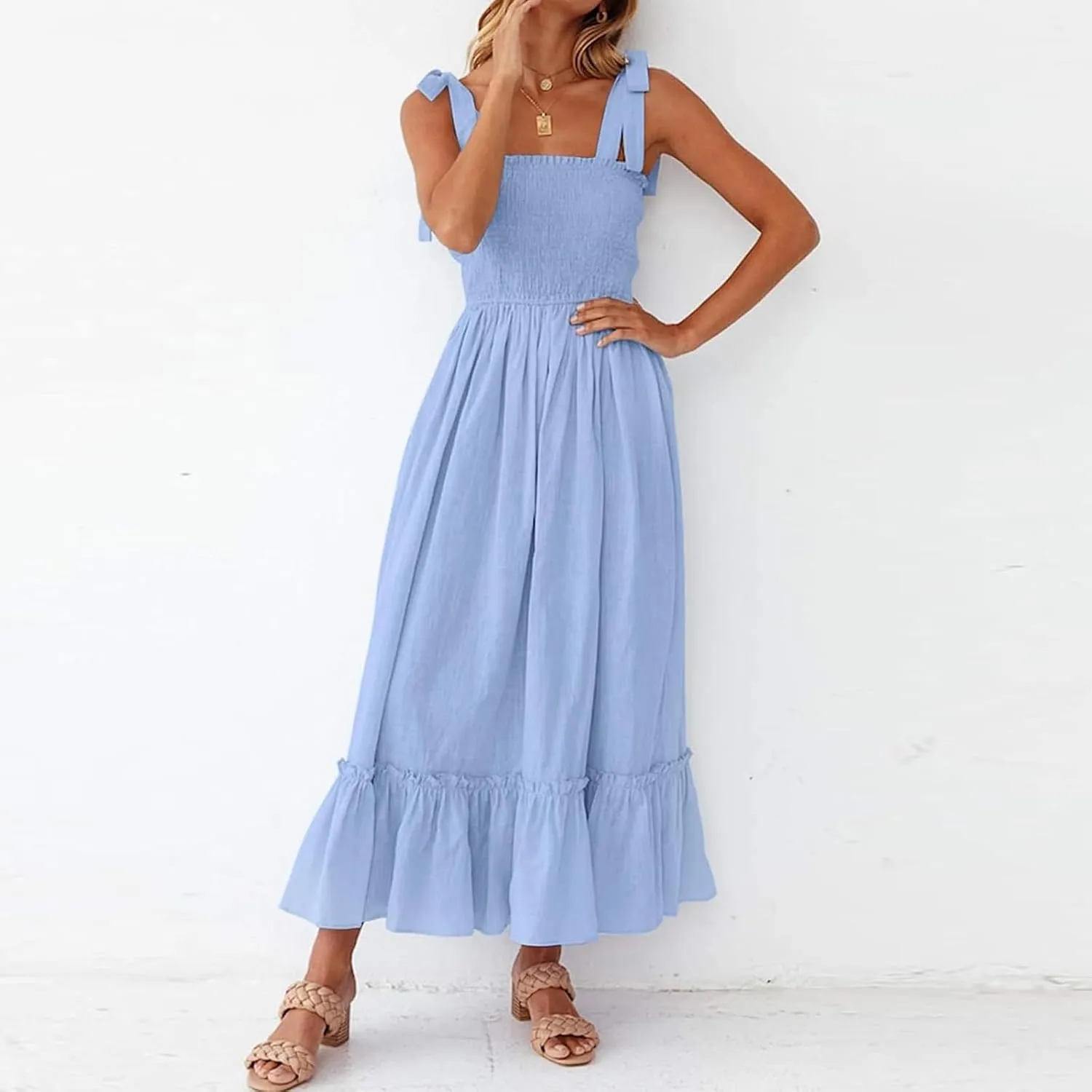 Dresses for Women 2025 Summer Boho Sleeveless Square Neck Ruffle Flowy Swing Dress A Line Beach Maxi Dress Sundress